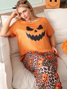 Chillnights Halloween Young Fashion Vibrant Fun Ghost Expression Pumpkin Leopard Print Casual Home Plus Size Women's Pajama Set - Multicolor - View 4