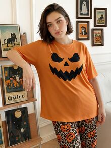 Chillnights Halloween Young Fashion Vibrant Fun Ghost Expression Pumpkin Leopard Print Casual Home Plus Size Women's Pajama Set - Multicolor - View 8