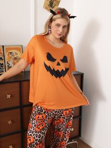 Chillnights Halloween Young Fashion Vibrant Fun Ghost Expression Pumpkin Leopard Print Casual Home Plus Size Women's Pajama Set - Multicolor - View 6