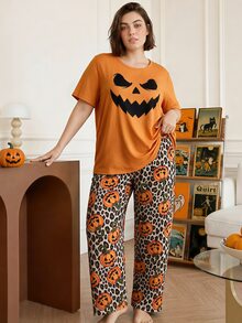 Chillnights Halloween Young Fashion Vibrant Fun Ghost Expression Pumpkin Leopard Print Casual Home Plus Size Women's Pajama Set - Multicolor - View 12