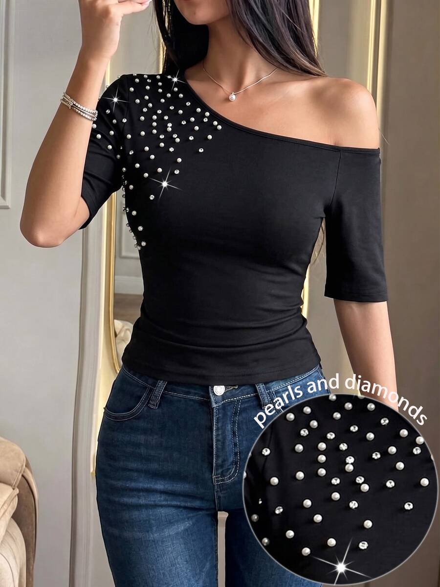 Modelyn Asymmetrical Shoulder Beaded Rhinestone Cinched Waist Ruched Short Sleeve T-Shirt Night Out Date Night Black Summer Sexy Elegant