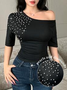 Modelyn Asymmetrical Shoulder Beaded Rhinestone Cinched Waist Ruched Short Sleeve T-Shirt Night Out Date Night Black Summer Sexy Elegant - Black - View 4