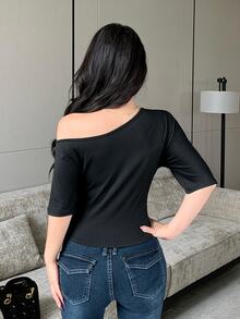 Modelyn Asymmetrical Shoulder Beaded Rhinestone Cinched Waist Ruched Short Sleeve T-Shirt Night Out Date Night Black Summer Sexy Elegant - Black - View 3