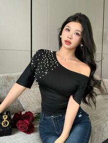 Modelyn Asymmetrical Shoulder Beaded Rhinestone Cinched Waist Ruched Short Sleeve T-Shirt Night Out Date Night Black Summer Sexy Elegant - Black - View 8
