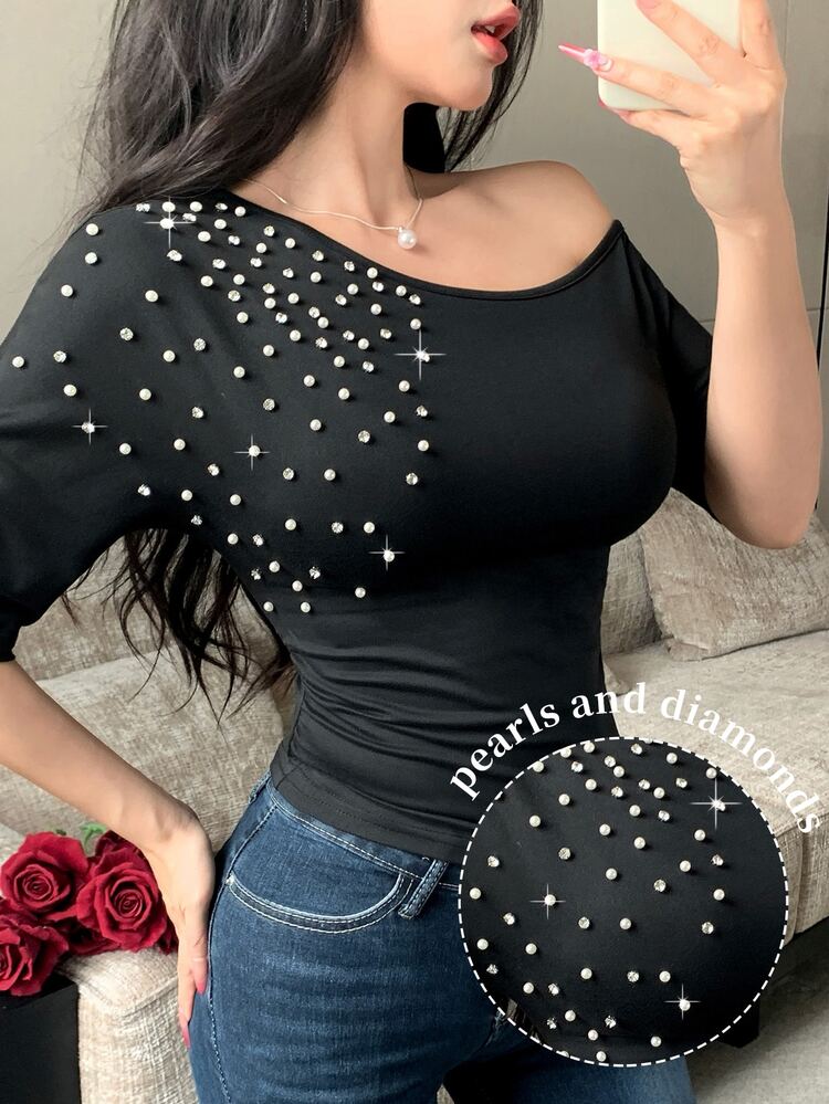 Modelyn Asymmetrical Shoulder Beaded Rhinestone Cinched Waist Ruched Short Sleeve T-Shirt Night Out Date Night Black Summer Sexy Elegant - Black - View 8