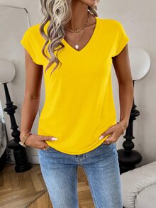 Omancia Simple Solid Color V-Neck T-Shirt, Casual And Versatile, Summer - Yellow - View 5