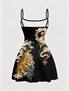 ROMWE Avant Plus Size Ew Chinese Style Dark Tiger & Sakura Floral Sexy Dark Allover Print Mini Dress For Women - Black - View 2