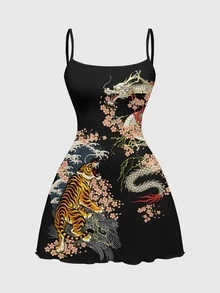 ROMWE Avant Plus Size Ew Chinese Style Dark Tiger & Sakura Floral Sexy Dark Allover Print Mini Dress For Women - Black - View 1