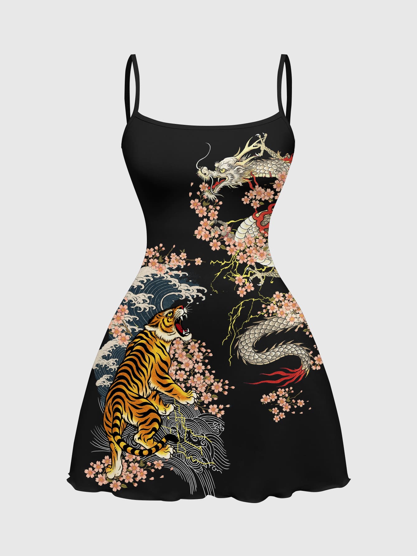 ROMWE Avant Plus Size Ew Chinese Style Dark Tiger & Sakura Floral Sexy Dark Allover Print Mini Dress For Women - Black - View 1