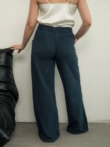 Ximena Robles Ximena Robles Plain Casual Straight Leg Trousers With Pockets, Low-Rise - Navy Blue - View 2