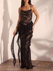 Opulessa Casual Vacation Solid Color Knit Lace Backless Spaghetti Strap Ruffle Tie Dress For Women - Black - View 3