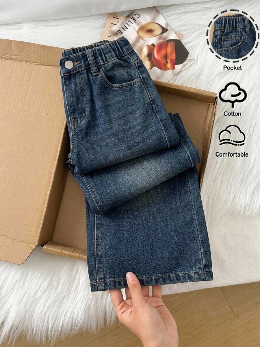 Young Girls' 2件裝復古深藍色寬鬆秋季女童校服街頭風萬聖節幼童服飾 - 中等水洗藍 - 查看 1