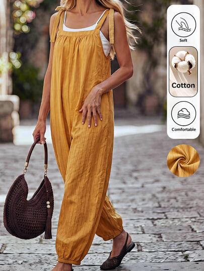 Breezaya Women's Striped Knotted Shoulder Casual Jumpsuit