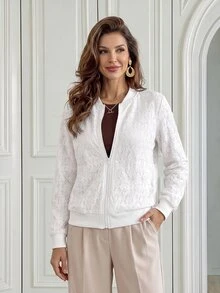 Medorina Jaket Renda Polos Kasual Musim Gugur untuk Wanita - Putih - View 4