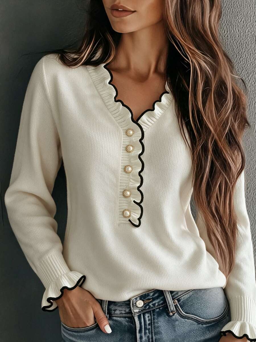 SHEIN Atasan Rajut Leher V Warna Putih Gading Terbaru, Trim Ruffle Bergelombang Hitam Kontras, Manset Ruffle Mengembang