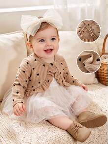 SHEIN 1pc Baby Girl Cardigan Coat Cute Sweet Khaki Ribbed Heart Ruffle Trim Long Sleeve Round Neck Regular First Birthday Fall Cozy Princess Ballet Buttons - Khaki - View 1