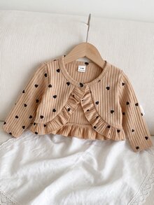 SHEIN 1pc Baby Girl Cardigan Coat Cute Sweet Khaki Ribbed Heart Ruffle Trim Long Sleeve Round Neck Regular First Birthday Fall Cozy Princess Ballet Buttons - Khaki - View 6