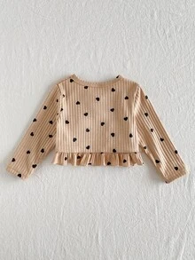 SHEIN 1pc Baby Girl Cardigan Coat Cute Sweet Khaki Ribbed Heart Ruffle Trim Long Sleeve Round Neck Regular First Birthday Fall Cozy Princess Ballet Buttons - Khaki - View 2