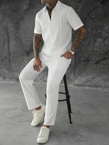 Manfinity CasualCool 男士純白色度假休閒襯衫套裝，翻領褶皺與拉鍊設計，適合日常穿著，送給男友的理想禮物 - 白色 - 查看 8