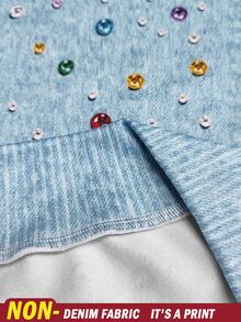 Resyla Women's Autumn Casual Denim Effect Rhinestone Print Sweatshirt - Multicolor - View 3
