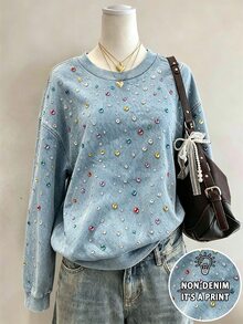 Resyla Women's Autumn Casual Denim Effect Rhinestone Print Sweatshirt - Multicolor - View 1