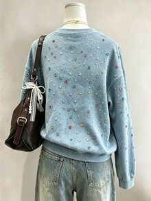 Resyla Women's Autumn Casual Denim Effect Rhinestone Print Sweatshirt - Multicolor - View 2
