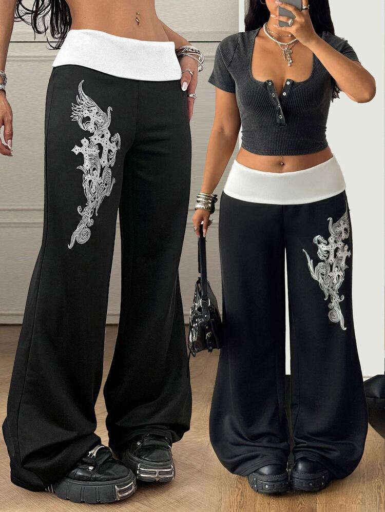 Coolane Women's Plus Size Fall Going Out Date Night Formal Rave Outfit Punk 90s Casual Vacation Goth Streetwear Vintage Y2K Graphics Stretchy Trousers Fall - Black and White - View 1