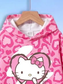 HELLO KITTY AND FRIENDS | SHEIN 女嬰甜美豹紋卡通連帽衛衣與長褲兩件套 - 玫紅色 - 查看 4