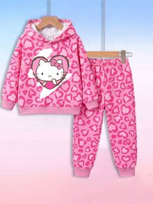 HELLO KITTY AND FRIENDS | SHEIN 女嬰甜美豹紋卡通連帽衛衣與長褲兩件套 - 玫紅色 - 查看 1