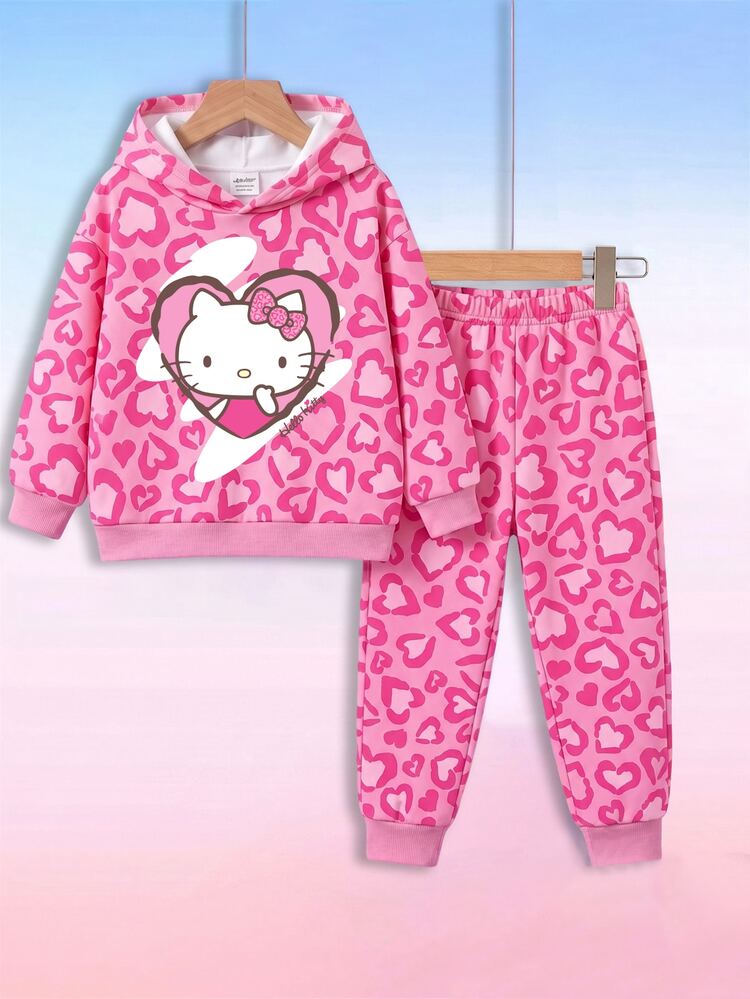 HELLO KITTY AND FRIENDS | SHEIN Baby Girl Sweet Leopard Print Cartoon Hooded Sweatshirt And Pants 2 Pieces Set - Hot Pink - View 1