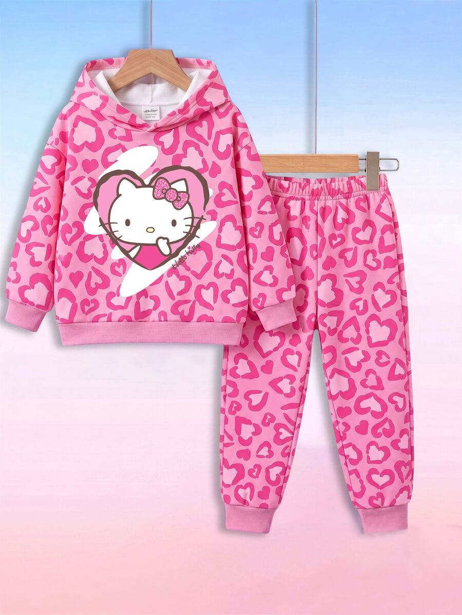 HELLO KITTY AND FRIENDS | SHEIN 女嬰甜美豹紋卡通連帽衛衣與長褲兩件套 - 玫紅色 - 查看 1