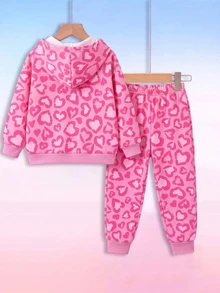 HELLO KITTY AND FRIENDS | SHEIN 女嬰甜美豹紋卡通連帽衛衣與長褲兩件套 - 玫紅色 - 查看 2