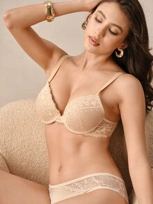 Hourtrue Wide Strap Lace Thick Cup Push-Up Underwire Bra For Small Chest Women, 1pc - Apricot - View 3
