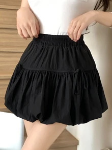 DAZY Women Solid Color Elastic Waist Front Tie Bow Flare Mini Skirt,Ruffle - Black - View 3