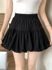 DAZY Women Solid Color Elastic Waist Front Tie Bow Flare Mini Skirt,Ruffle - Black - View 6