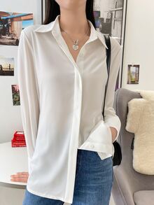 DAZY Solid Curved Hem Shirt,Long Sleeve Tops,Fall Clothes Preppy Tops - White - View 10