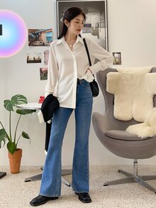 DAZY Solid Curved Hem Shirt,Long Sleeve Tops,Fall Clothes Preppy Tops - White - View 4