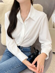 DAZY Solid Curved Hem Shirt,Long Sleeve Tops,Fall Clothes Preppy Tops - White - View 6