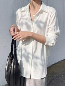 DAZY Solid Curved Hem Shirt,Long Sleeve Tops,Fall Clothes Preppy Tops - White - View 9