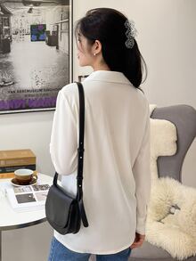 DAZY Solid Curved Hem Shirt,Long Sleeve Tops,Fall Clothes Preppy Tops - White - View 2