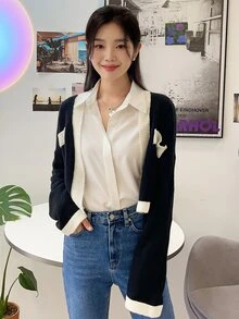 DAZY Solid Curved Hem Shirt,Long Sleeve Tops,Fall Clothes Preppy Tops - White - View 7