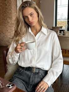 DAZY Solid Curved Hem Shirt,Long Sleeve Tops,Fall Clothes Preppy Tops - White - View 1
