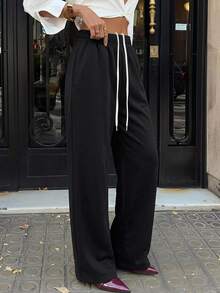 DAZY Casual Solid Color Drawstring Waist Lounge Pants Sweatpants - Black - View 7