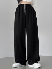 DAZY Casual Solid Color Drawstring Waist Lounge Pants Sweatpants - Black - View 4
