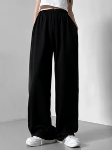 DAZY Casual Solid Color Drawstring Waist Lounge Pants Sweatpants - Black - View 2