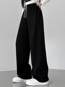 DAZY Casual Solid Color Drawstring Waist Lounge Pants Sweatpants - Black - View 3