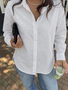 DAZY قميص نسائي فضفاض بلون موحد بياقة مطوية وظهر مكشوف وأكمام طويلة، أخضر نعناعي، ملابس الربيع/الصيف/الخريف للمدرسة - أبيض - مشاهدة 7