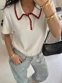DAZY New Casual Line Decor T-Shirt For Women, Suitable For Dating, Summer Cute Tops - Apricot - View 10