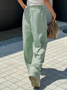 Livesso Women's Elastic Waist Zebra/Stripe Pattern Long Pants Summer - Dark Green - View 4