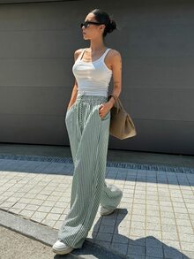 Livesso Women's Elastic Waist Zebra/Stripe Pattern Long Pants Summer - Dark Green - View 2